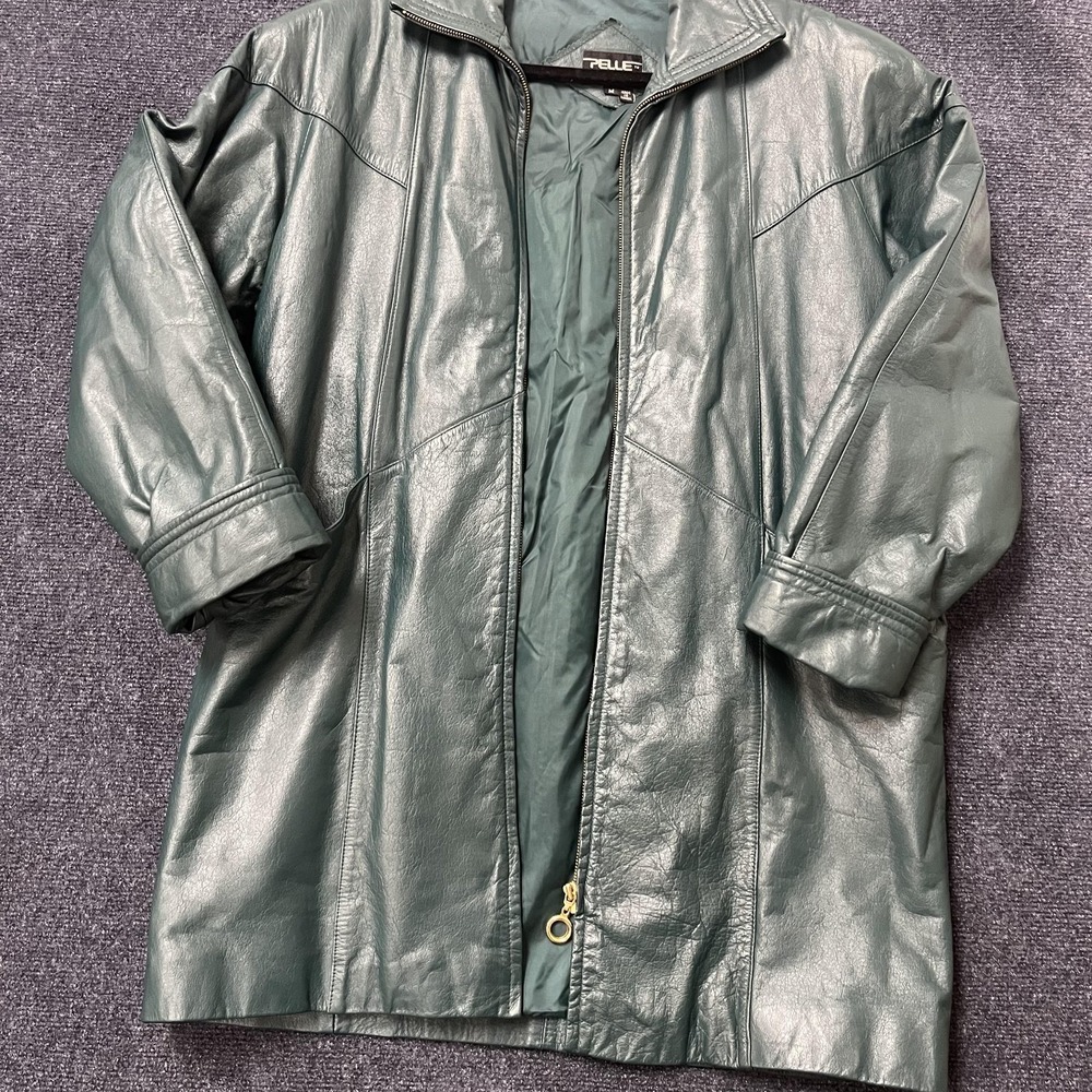 Pelle Leather Jacket Coat Womens Medium Green Long Zip Front Pockets Overcoat